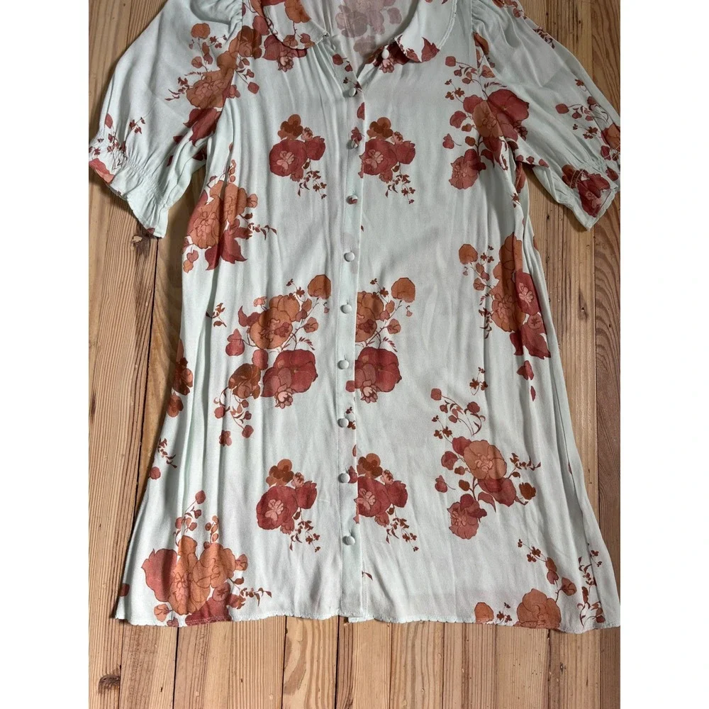 Wilfred Poppins Dress Floral Print Puff Sleeve Peter Pan Collar Button Up Size S